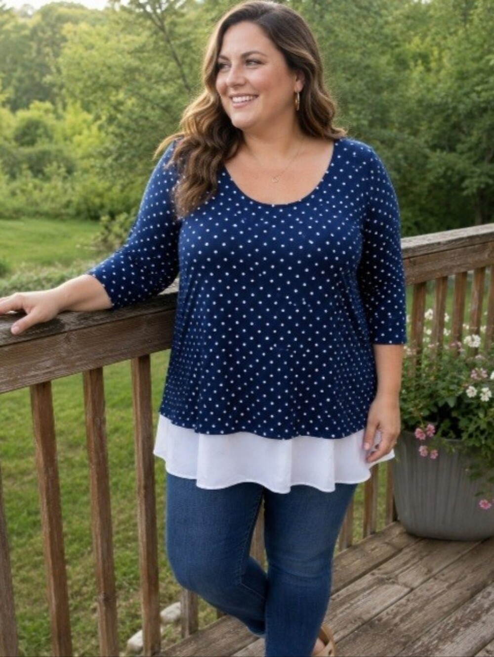 Charming Charlie Navy White Polka Dot Layered Hem Tunic Top NWT Large Preppy